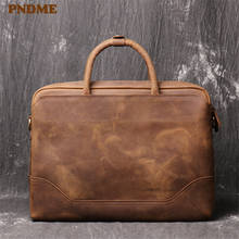 Pndme bolsa de laptop masculina de couro legítimo, retro, simples, de escritório, bolsa de laptop de luxo de alta qualidade, bolsa mensageiro marrom de couro 2024 - compre barato