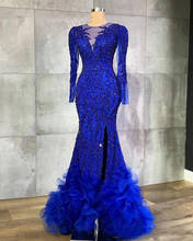 2020 Arabic Aso Ebi Royal Blue Evening Dresses Luxurious Beaded Crystals Long Sleeve Sheer Neck Mermaid Style Plus Prom Dresses 2024 - buy cheap