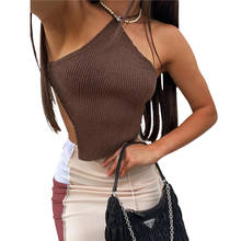 Camisola feminina sem mangas com suspensão do pescoço, camisola de malha sexy de cor sólida com costas abertas no peito, blusa de bainha irregular 2024 - compre barato