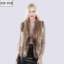 2022 Hot Sale Women Real Rabbit Fur Vest Knitted Tassels Quality Real Genuine Rabbit Fur Gilet Real Raccoon Fur Collar Waistcoat 2024 - buy cheap