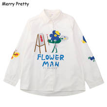 Camisa de algodón con estampado de dibujos animados para mujer, blusa blanca de gran tamaño con cuello vuelto, estilo dulce, 2021 2024 - compra barato