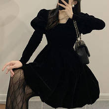 Mini vestido vintage e elegante de primavera, vestido preto com manga solta, peça única, vestidos coreanos de veludo e doces para festa de noite, 2021 2024 - compre barato