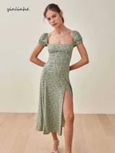 Женское длинное платье с разрезом yinlinhe, зеленое цветочное приталенное шифоновое платье с высокой талией и квадратным вырезом, праздничное летнее платье, модель 2077 2024 - купить недорого