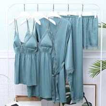 Conjunto de pijamas de verão, camisola, 5 peças, feminino, cetim, kimono, vestido, renda, patchwork, roupas para casa, roupas casuais 2024 - compre barato