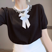 2021 Summer Knit T Shirt for Women Fashion Knitwear Kawaii Bows Pearl Beaded O Neck Short Sleeve Thin Tshirt White Black Tops 2024 - buy cheap