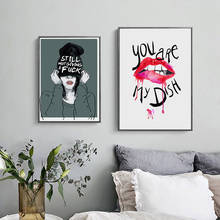 Legal menina rosa lábios abstratos mão impressa arte da parede cartaz moderno elegante lona pintura e imagens para sala de estar decoração casa 2024 - compre barato
