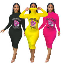 New Let Me Be Your Queen Floral Letter Print Women's Dress Sexy Party Club Night Turtleneck Long Sleeve Bodycon Midi Dresses 2024 - buy cheap