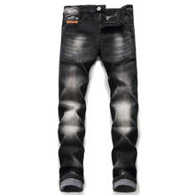 Модные брендовые джинсы в европейском и американском стиле, мужские облегающие джинсы на молнии, прямые джинсы с буквенным принтом, мужские черные джинсы с дырками 2024 - купить недорого