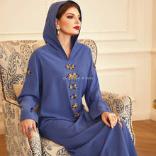 Hooded Kaftan Dress for Women Luruxy Hand-Sewn Diamond Abaya Moroccan Dubai Turkey Arabic Muslim Clothes Blue Gray 2021 2024 - buy cheap