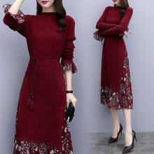 2020 British Style Vestidos Women's Autumn Winter Mid-length Dresses Female Knitted Floral Flared Sleeve Long-sleeved Dress Z621 2024 - buy cheap