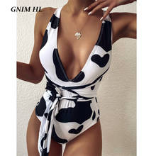 GNIM-traje de baño de cintura alta para Mujer, Bikini con estampado de vaca, bañador Sexy con cuello de pico profundo, traje de baño de una pieza 2020 2024 - compra barato
