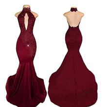 Burgundy Mermaid Prom Dresses for African Black Girls 2019 Vestido De Festa Sexy Backless Halter Lace Party Gowns 2024 - buy cheap