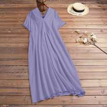 5XL 2021 ZANZEA Women Solid Maxi Dress Fashion V Neck Sundress Casual Elegant Short Sleeve Vestidos Female Cotton Robe Plus Size 2024 - buy cheap