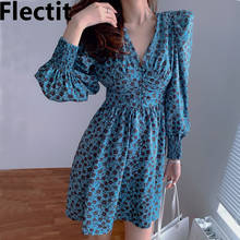 Flectit Floral Print Dress With Padded Shoulder Puff Sleeve V-neck Button Front 2021 Spring Summer Womens Feminin Dress * 2024 - buy cheap