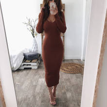 Knitted Sweater Dress Women Fashion Solid Full Sleeve Long Party Dress Sexy V-Neck Sheath Vestidos Maxi Autumn Spring Dress Robe 2024 - buy cheap