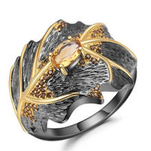 Женское кольцо с овальным желтым кристаллом, черное или Золотое кольцо с листьями, винтажные аксессуары для вечеринок, Подарочная бижутерия 2024 - купить недорого