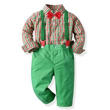 Рождественский комплект одежды для мальчиков, костюм, джентльменская клетчатая рубашка с галстуком-бабочкой + зеленые брюки вечерние Красивая Праздничная детская одежда, одежда для мальчиков 2024 - купить недорого