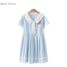 Cartoon Embroidery Tie Pleated Dresses Women 2021 Summer Short Sleeve Sailor Collarsweet Style Korean Ladies Cute Kawaii Dress 2024 - buy cheap