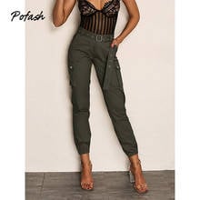 Pofash Solid Green Cargo Pants Women Button Mid Waist Autumn Long Pants Female Casual Belt Pockets Pencial Pants 2021 2024 - buy cheap