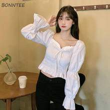 Blouses Women Casual Korean Pure Classy Pleated Slim Puff Sleeve Crop Tops Sexy Slim Elasticity Lace-up Luscious Charm Ladies 2024 - buy cheap