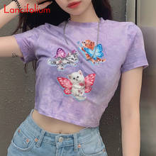 Sexy Baby Tee Y2k E Girl Summer Women Ladies 2021 Purple Tie Dye Cute Butterfly Angle Cat Crop Top Short Sleeve Graphic T Shirts 2024 - buy cheap