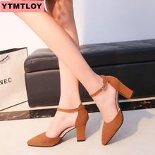 2019 new pointed thick with a word buckle wild hollow high-heeled sandals matte leather single shoes female summer 2024 - buy cheap