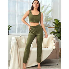 2Pcs Women Spring Summer Loungewear Suit U-Neck Sleeveless Pullover Crop Tops Elastic Drawstring Waist Long Pants Outfits Daily 2024 - buy cheap