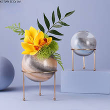 Vaso de vidro de estilo europeu planeta galvanoplastia arranjo de flores com prateleira dourada sala redonda recipiente hidropônico vaso de flores 2024 - compre barato