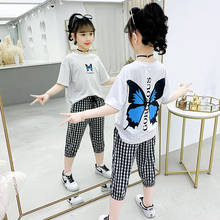 Adolescente meninas conjunto de roupas 2020 verão manga curta borboleta impressão camiseta e calças xadrez 2 pçs menina crianças roupas terno 2024 - compre barato