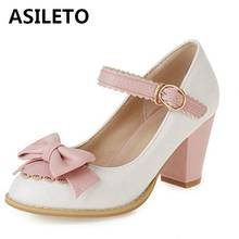 ASILETO New 2021 Ladies Pumps Round Toe 7cm Block Heels Buckle Bowtie Sweet Cute Vintage All-Match Big Size 48 Party S2131 2024 - buy cheap