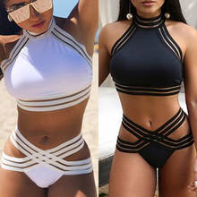 Biquíni feminino push-up forrado, gola alta, sutiã preto e branco, cintura alta, triangular, traje de banho, monokini 2024 - compre barato