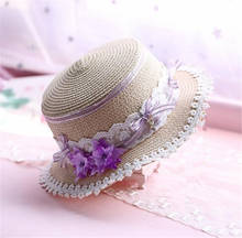 Mori Girl Summer Straw Hats Women Beach Sun Hat Lolita purple color  Round Flat Top  Headwear B1037 2024 - buy cheap