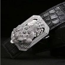 LINSHE-Cinturón de piel auténtica de cocodrilo para hombre, cinturón de lujo con hebilla lisa, novedad 2024 - compra barato