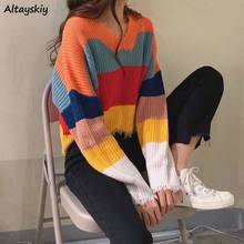 Sweaters Women Spring Cropped Patchwork Chic Colorful Ulzzang Tassel Popular Ladies Knitted Pullover College V-Neck Trendy 2020 2024 - buy cheap