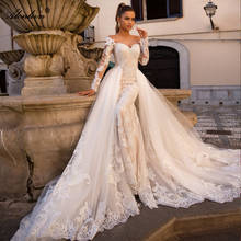 Alonlivn Elegant 2 In 1 Wedding Dress With Removable Train Appliques Lace Champaghe Tulle Full Sleeves Bridal Gowns 2024 - buy cheap