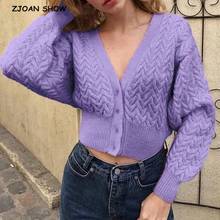 2021 Vintage V Neck Twist Knitted Cropped Cardigan Single-breasted Buttons Sweater Woman Long Sleeve Jumper Retro Knitwear 2024 - buy cheap