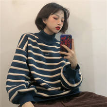 Blusa feminina casual outono manga comprida pulôver de algodão grande listrado coreano gola alta harajuku 2024 - compre barato