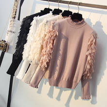 Suéter de malha com babado gola feminino, camisola de malha para mulheres com mangas soltas, flor, patchwork, rosa, outono 2020 2024 - compre barato