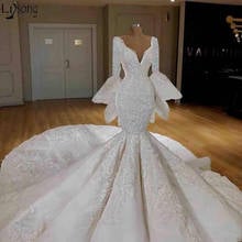 Новинка 2020, роскошное свадебное платье с бусинами, глубокий v-образный вырез, свадебное платье русалки с длинным рукавом, кружевное Элегантное свадебное платье, платье со шлейфом 2024 - купить недорого