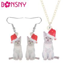 Bonsny conjunto de jóias de acrílico para natal, chapéu, gato, gatinho, colar, joias de animais, para mulheres, meninas, adolescentes, acessório de presente 2024 - compre barato