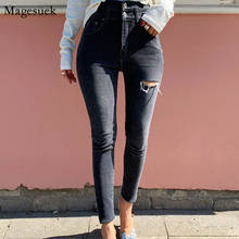 Jeans feminino cintura alta com rasgos, calça jeans elástica para mulheres, 2020 2024 - compre barato