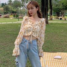 Floral Print Blouses Chiffon Shirt Women Long Sleeve Pleated Ruffle Short Blouse Tops Female Short Blusas 2024 - buy cheap