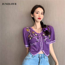 Slim Crop Top Summer Embroidery Floral Tops V-neck Knitted Womens Blouse Short Sleeve Fashion Shirts Chic Vintage 2020 New Tops 2024 - buy cheap