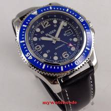 Relógio masculino com pulseira de couro, 44mm, visor azul, moldura rotativa, movimento automático, casual 2024 - compre barato