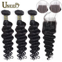 Uneed Hair Bundles With Closure 4x4 Lace Closure Peruvian Loose Deep Wave Hair Bundles With Closure 100% Remy Human Hair Weave 2024 - buy cheap