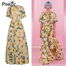 Женское шифоновое платье-макси Pinkoz, летнее дизайнерское платье желтого цвета с цветочным принтом и круглым вырезом, длинное вечернее платье 2024 - купить недорого