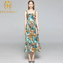 Fashion Runway Summer Beach Holiday Spaghetti Strap Long Dresses Women's Vintage Pattern Print Ruffles Dress 2020 New 2024 - buy cheap