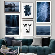 Abstract Face Line Poster Dark Blue Forest Lake Sea Waves Scenery Canvas Painting Wall Art Nordic Prints Pictures Living Room 2024 - buy cheap