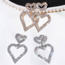 Pendientes colgantes con diamantes de imitación para mujer, aretes con dos corazones brillantes, joyería de boda, 1 par 2024 - compra barato