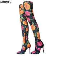 ASHIOFU-Botas altas hasta el muslo hechas a mano para mujer, botas de cuero con flores, Sexy, para fiesta de graduación, por encima de la rodilla, para club nocturno 2024 - compra barato